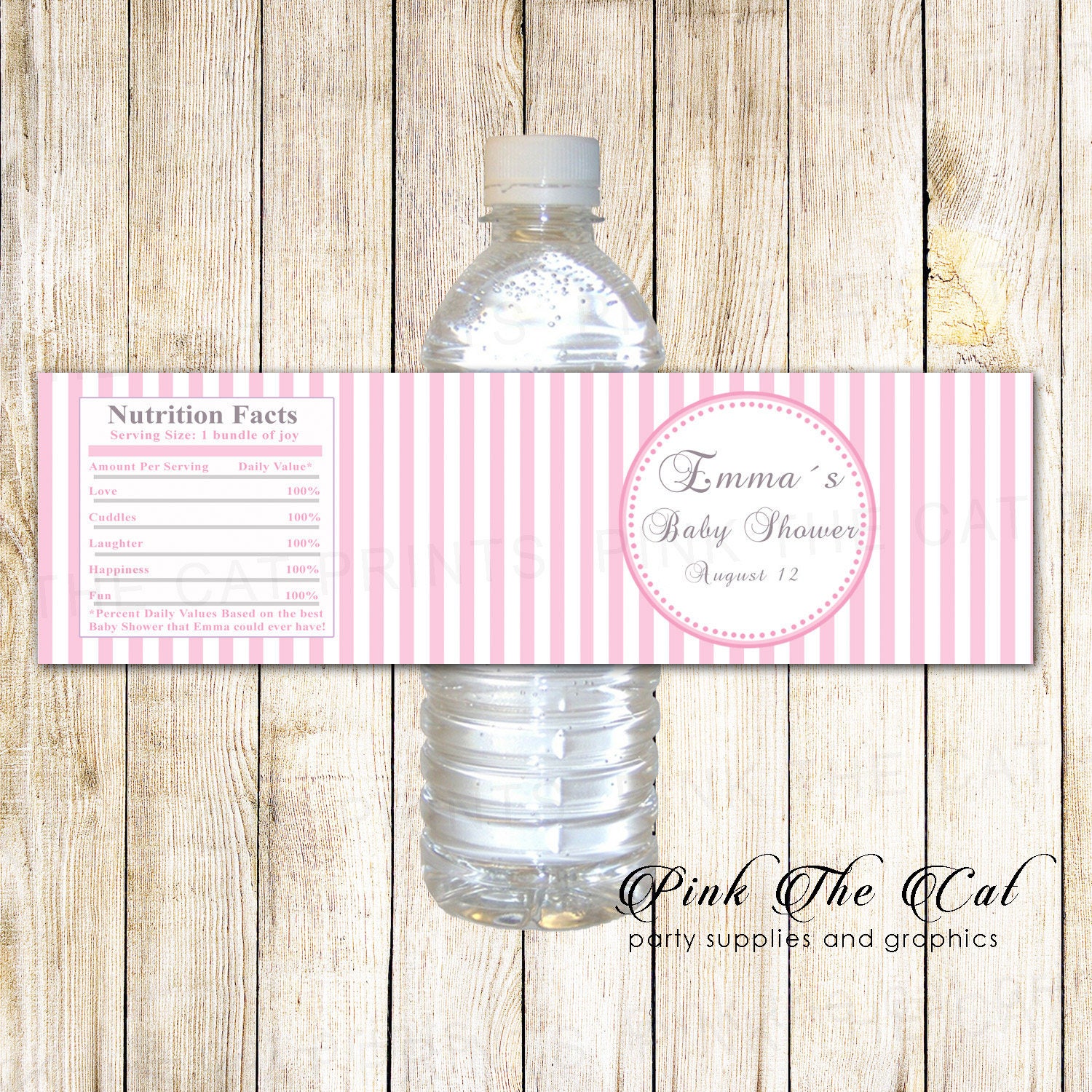 Pink Stripes Water Bottle Labels Personalized, Baby Shower Labels, Printable Wrappers For Girls