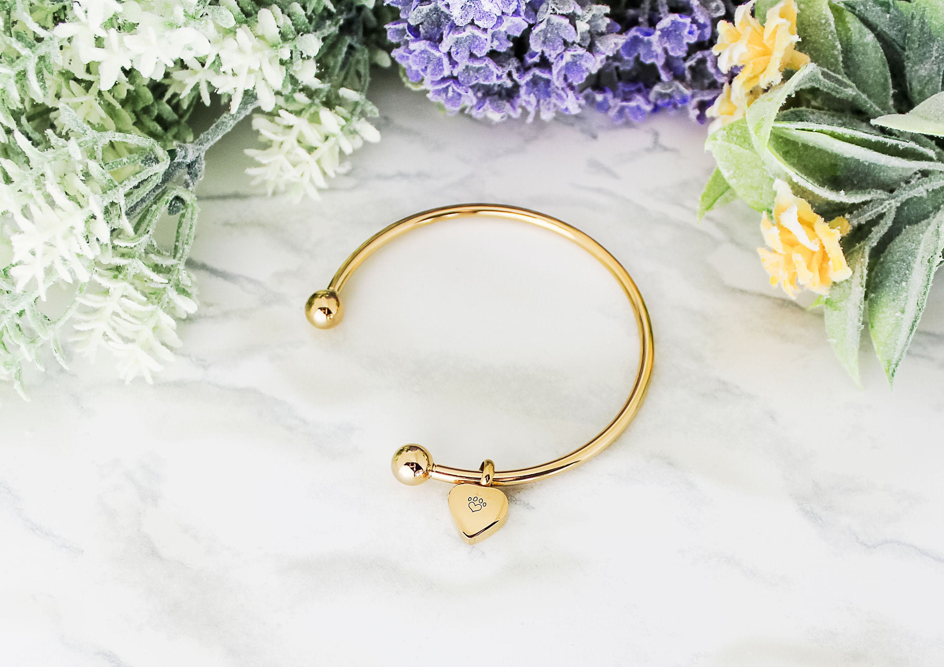 Personalized Cremation Urn Bangle | Gold Jewelry Cremains Bracelet Memorial Heart Charm Pet Loss