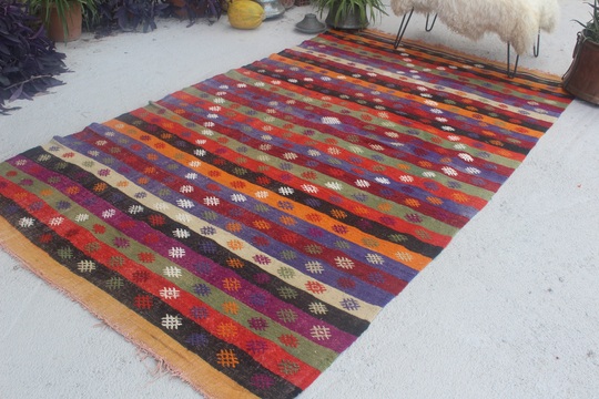 Vintage Kilim Rug, Large Area Kilim, Turkish Anatolian Mut Jijim Striped