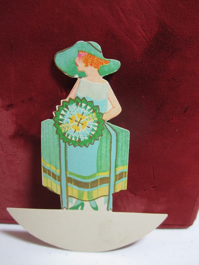Gorgeous Die Cut Gold Gilded Unused 1910's-20's P.f. Volland Bridge Tally Place Card Pretty Lady in Green Dress Matching Hat Holds Bouquet
