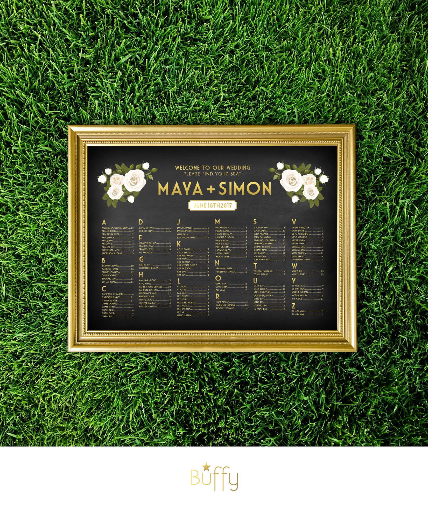 Frankie . Alphabetical Seating Chart Large Sign Black & Gold White Rose Garland Leaf Tie New Years Eve Wedding Chalkboard Printed