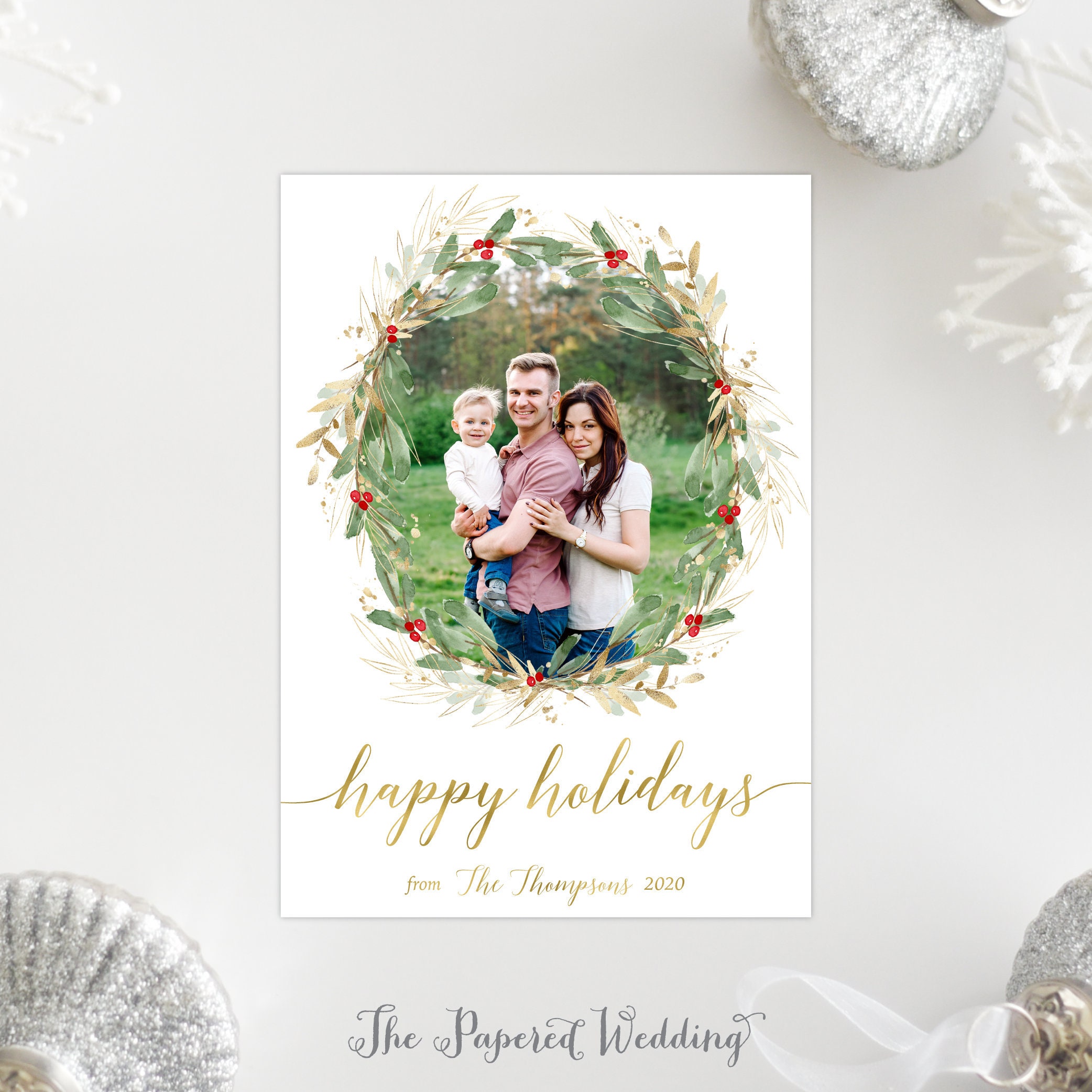 Printable Or Printed Green & Gold Wreath Photo Christmas Cards - Happy Holidays With One Picture 126 P1