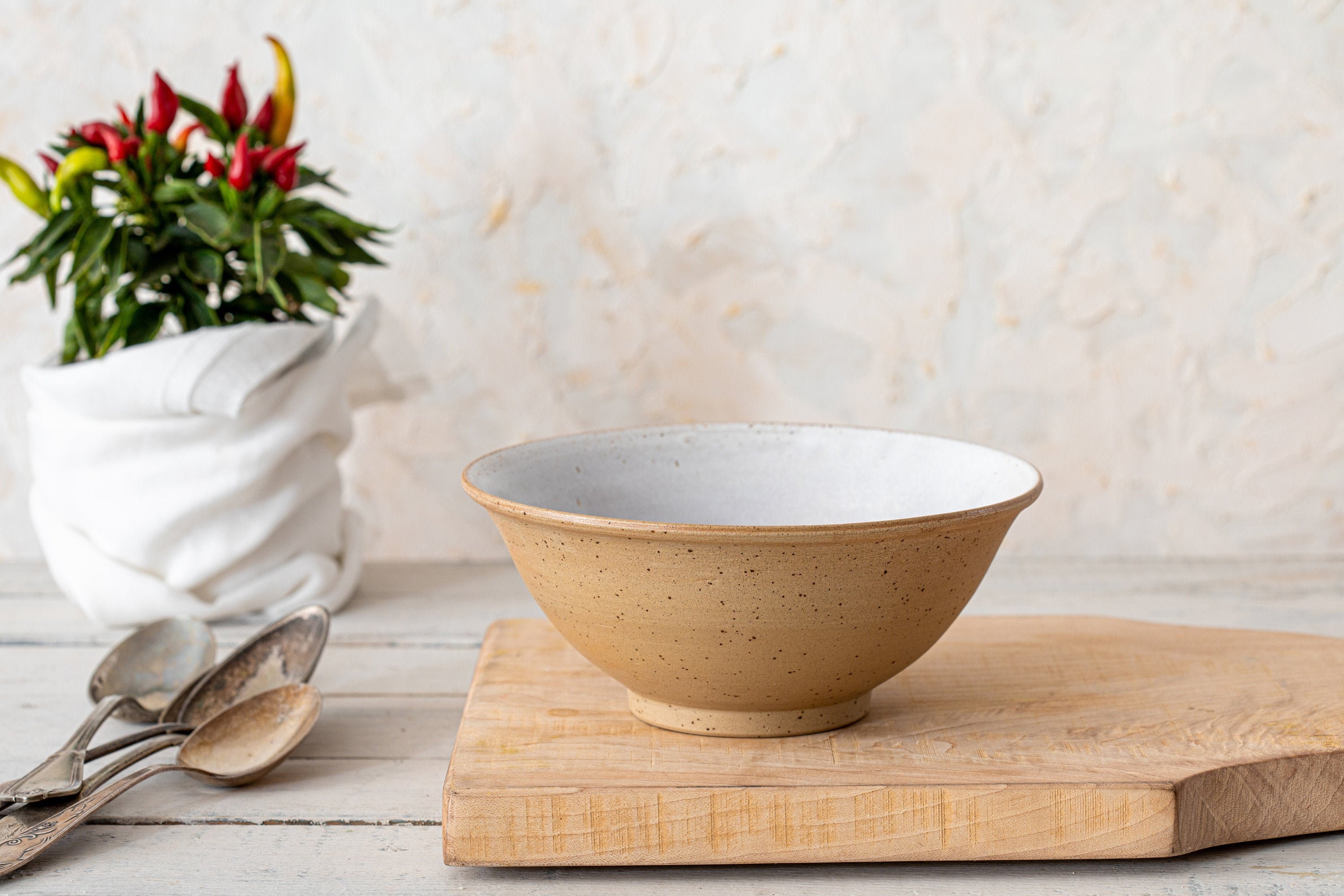 2 White Handmade Pottery Ramen Bowls, Set Of Two Large Ceramic Pho Dinnerware Deep Round Soup Serving Bowls