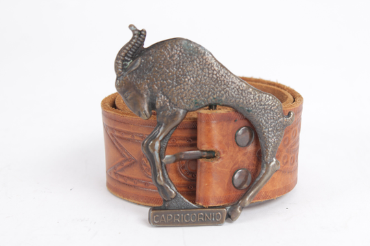 Vintage Cognac Capricorn Belt Unique Full Cowboy Grain Ram Revolver Leather Western Genuine Real Steel Buckle