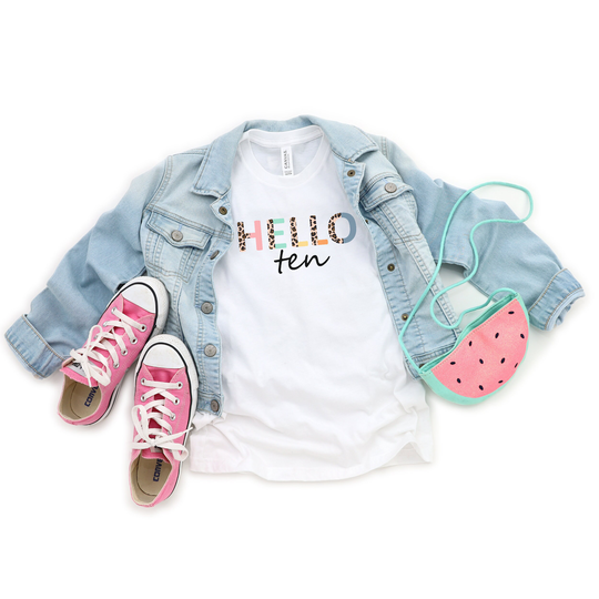 Hello 10 Shirt, 10Th Birthday Shirt For Girl, Leopard Print T Shirt, Ten Year Old Gift, Tenth Cheetah