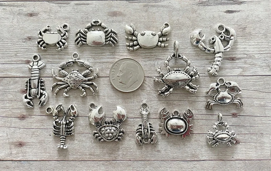 13Pc Or 5Pc Crabs & Lobsters Charm Set Lot Collection/Jewelry, Scrapbook Choose Charms, Split Rings, Lobster Clasps, European Bails