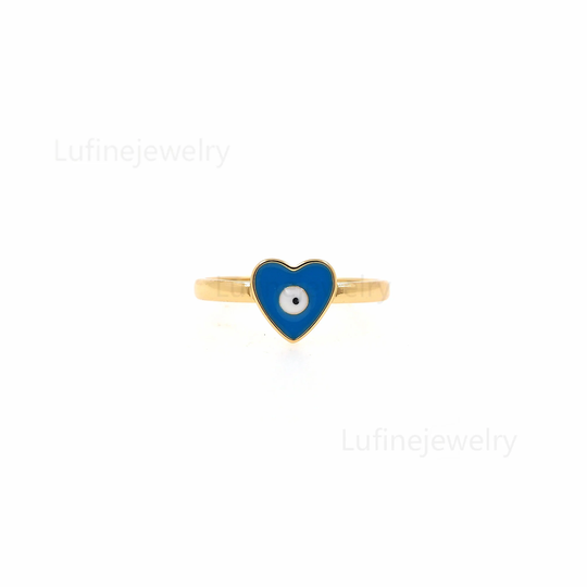 18K Gold Filled Heart Evil Eye Ring, Gold Enamel Ring, Minimalist Ring, Open Adjustable Ring, Stacking Ring