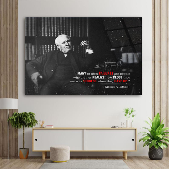 Thomas Edison Art Original "Failures' Quote Glass Wall Art Amazing Inspirational | Inventors Gift Bedroom, Office, Kids