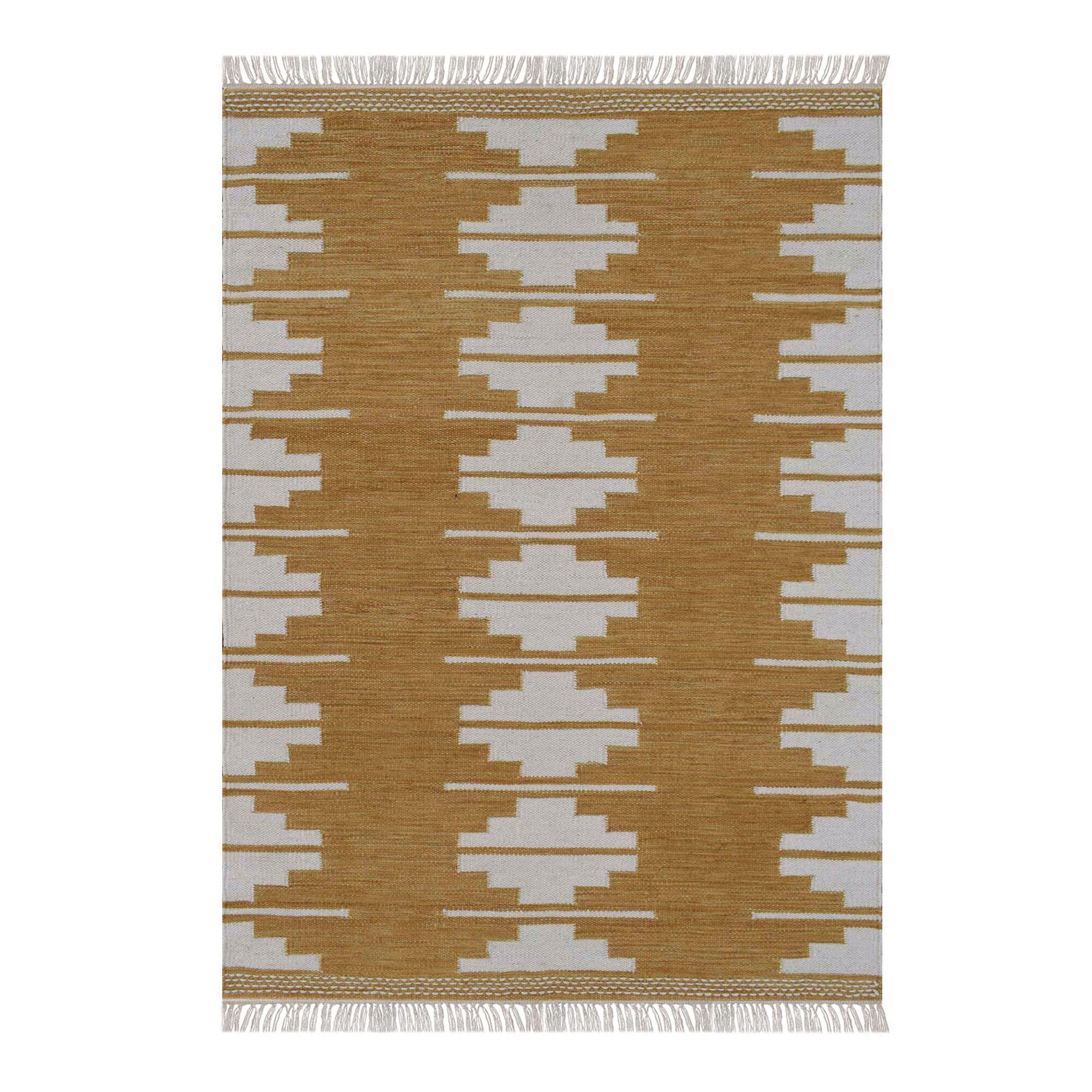 Gold and Ivory Geometric Wool Kilim Tanner Area Rug: Yellow - 4' x 6' by World Market