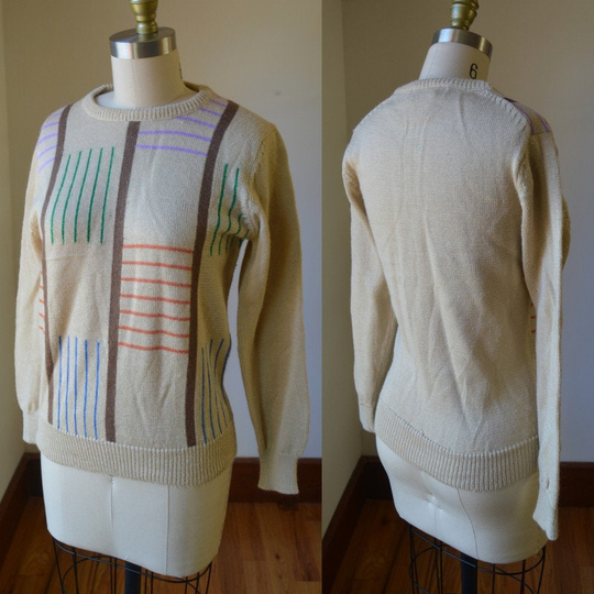 1970's Wool Blend Long Sleeve Sweater By Lilly Dache Size Small, Vintage Geometrical Seventies Small