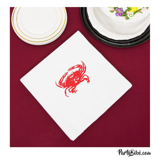 Crab Napkins, Pack Of 25, Beverage Cocktail Size, White With A One Color Stock Imprint - Great For Crab Feeds, Weddings, Seafood Dinners