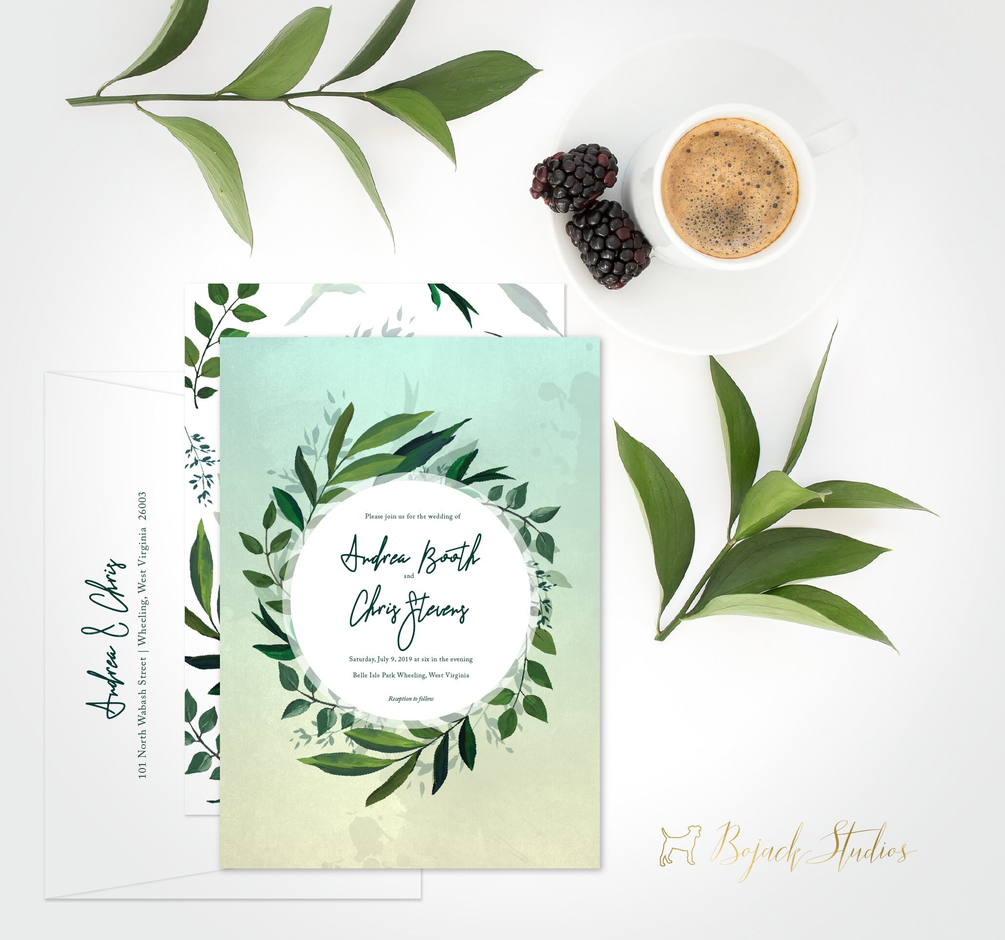 Botanical Wedding Invitations, Custom Leaves, Printable Invitation, Printed Wedding, Modern Greenery, Laurel Circle, 18030