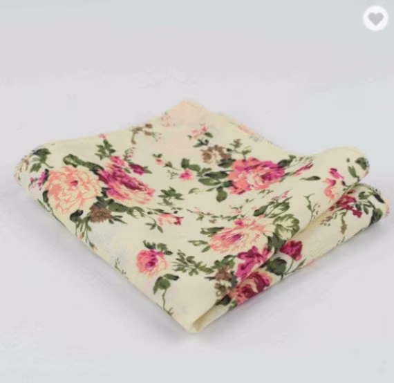 Men's Cream Floral Pocket Square, Cotton Wedding Square Handkerchief, Colorful