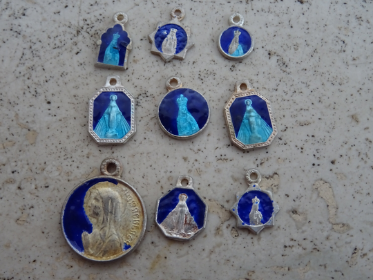 Religious Antique French Silvered Catholic Enameled Medals Charms Pendants Medallions Holy Charms. | 1