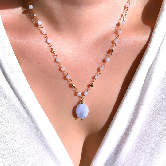 Oval Blue Lace Agate Rosary Chain Necklace | 14K Gold Filled/Blue Agate