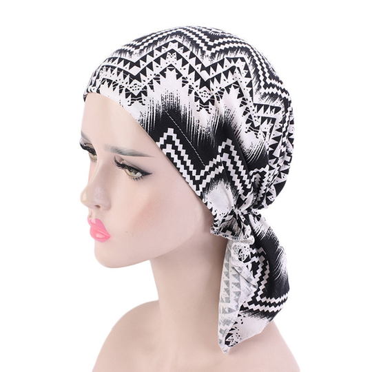 Classic Print Foldable Headscarf Cap Cotton Blend Ruffles Edge Stretchy Sleep Beanie Hair Accessories - black white