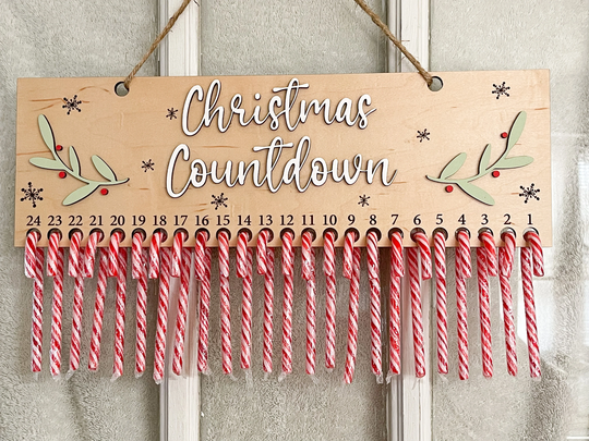 Christmas Countdown Advent Calendar Candy Cane Holly Country Farmhouse Decor Wood Laser Engraved