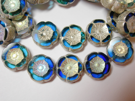 12 Beads - Blue & Aqua Blend With Silver Czech Glass Flower Beads 12mm