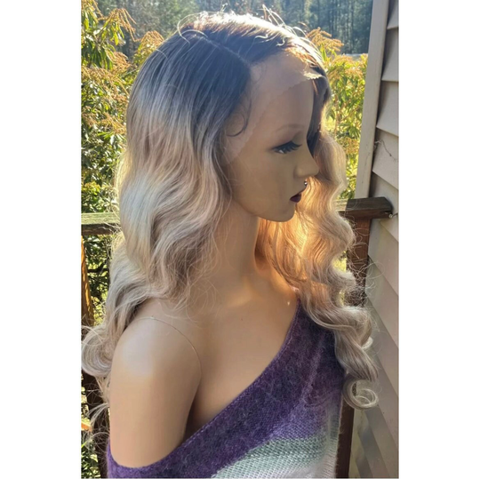 Ombré Cream Blonde Front Lace Side Parting Human Hair Blend Daily Wig