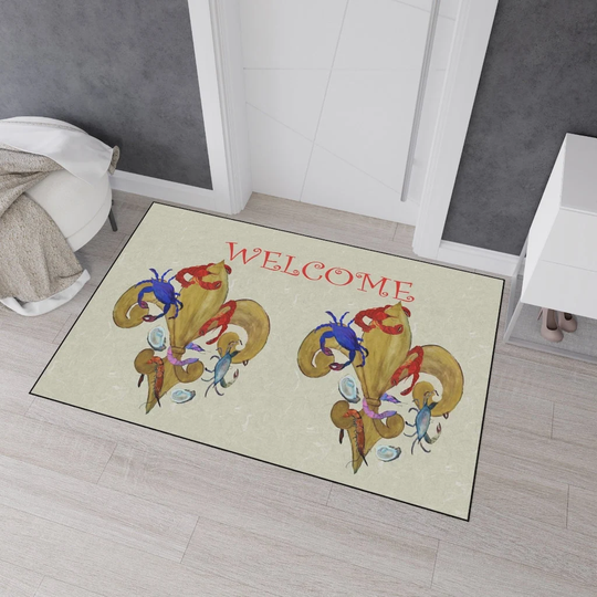 Cajun Fleur De Lis With Seafood Home Door Rug Floor Mat For Indoor Or Outdoor Non-Skid Backing Of My Art. Bayou House Floor Mat