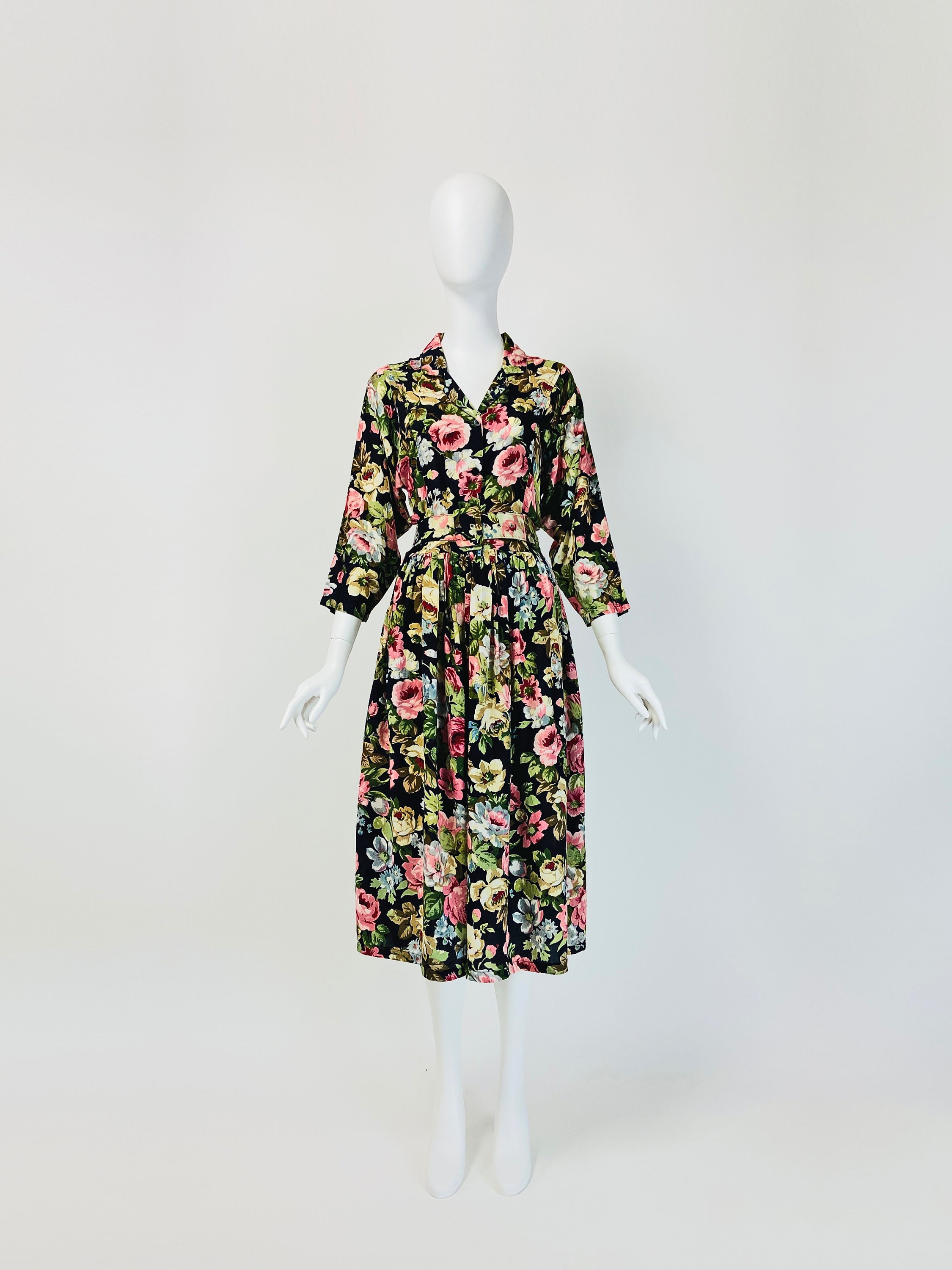 Vintage 80S Dress, 90S Dress With Pockets, Floral Midi Tea Length Colorful Medium Size 8 10 Us, 12 14 Uk, W413