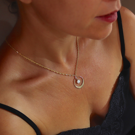 Opal Gold Necklace Pendant, White Hammered Circle With Stone, Dainty Round Pendant Opal, Women