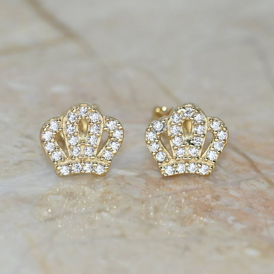 14K Solid Gold Dainty Crown Earrings/Real Queen Gemstone For Her Handmade Fine Jewelry By Selanica