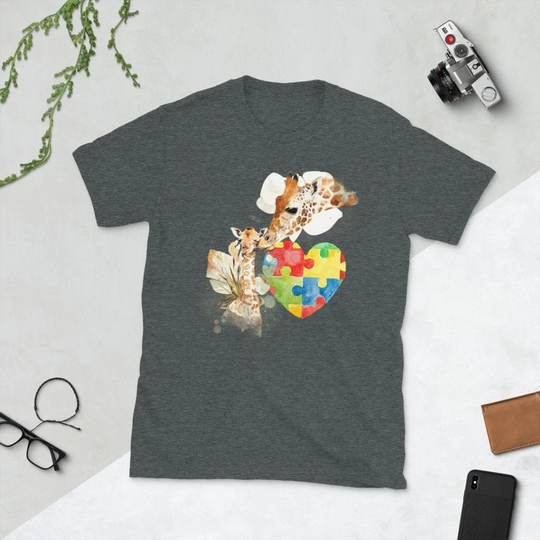Autism Awareness Shirt, Watercolor Giraffe Mom With Autistic Spectrum Child Puzzle Piece Heart Love Kindness, Month T-Shirt