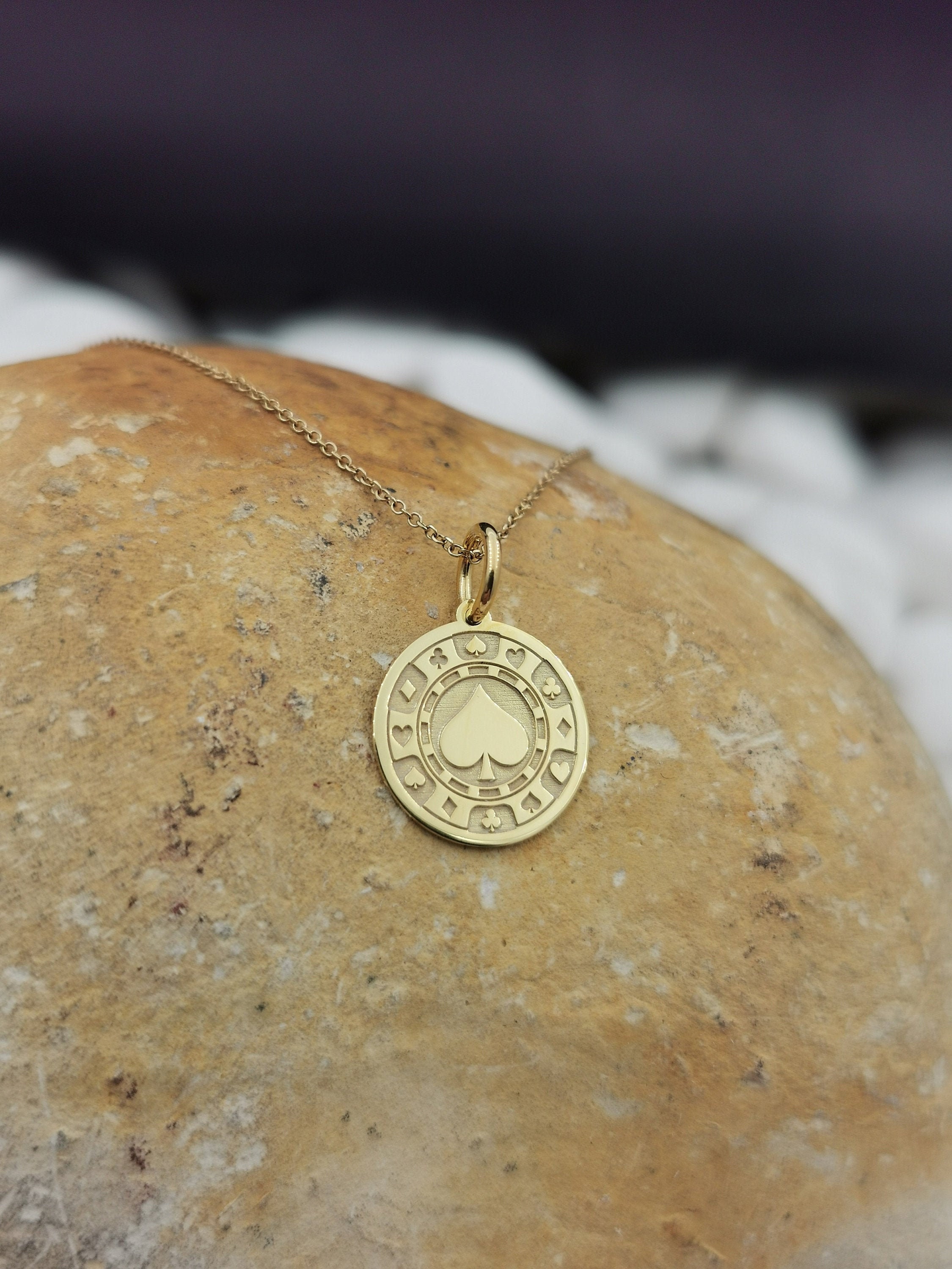 14K Solid Gold Casino Chip Necklace, Ace Of Spades Neckace, Personalized Pendant, Theme Gift