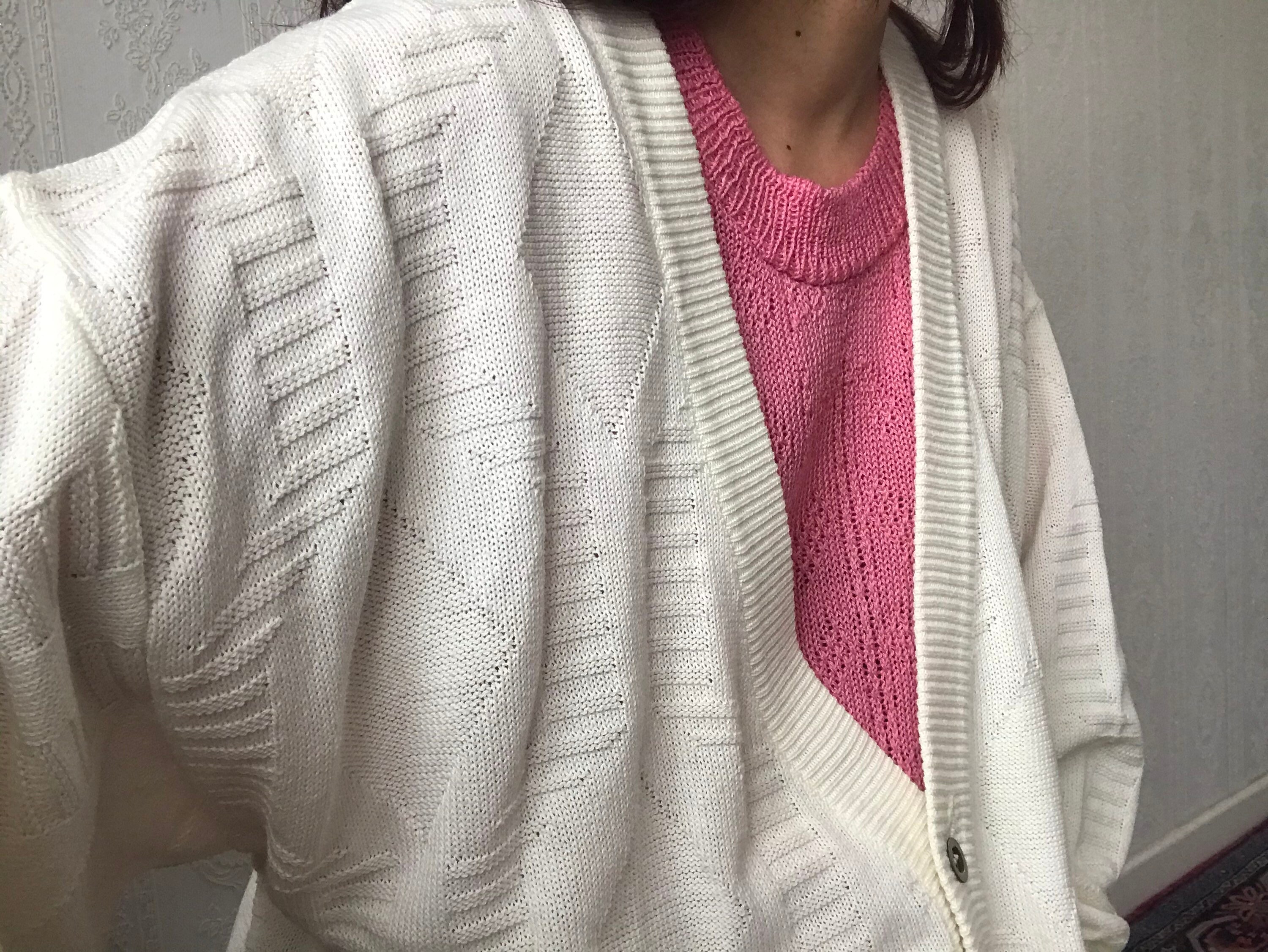 Vintage White Wool Blend Long Sleeves Cardigan/ Jumper/ Top/ Tall L - Xxl