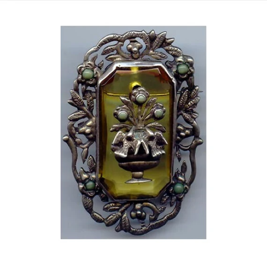 Vintage Mexican Silver Ornate Glass Flower Basket & Birds Brooch Pin