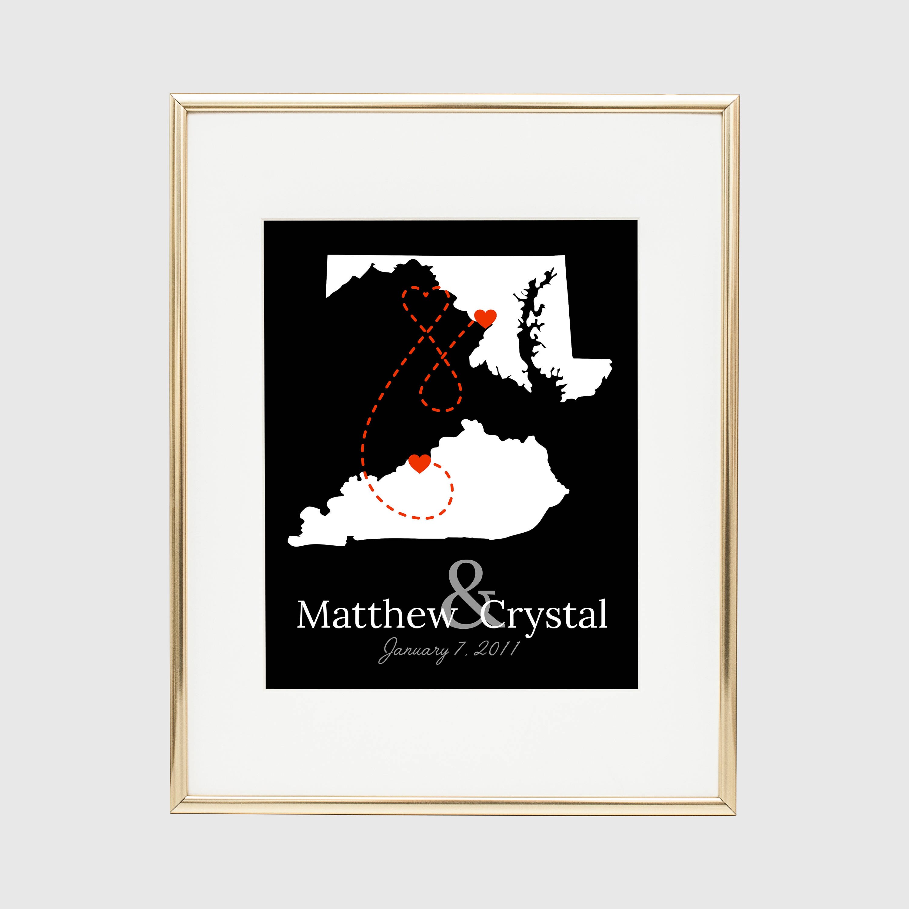 Personalized Two State Map, Engagement Gift For Couples, Long Distance Love