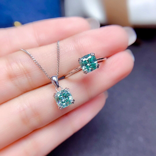 Dainty & Gorgeous Green Cushion Moissanite Set Ring & Necklace 1Ct D Color Vvs, Sterling Silver Anniversary Gift, Women's