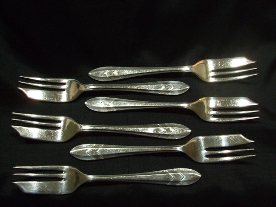 Antique Sheffield Plate Art Deco Pastry Or Cocktail Forks, Maurice Stables Ltd Vintage Set, 6 Epns Appetizer Shrimp Seafood Forks