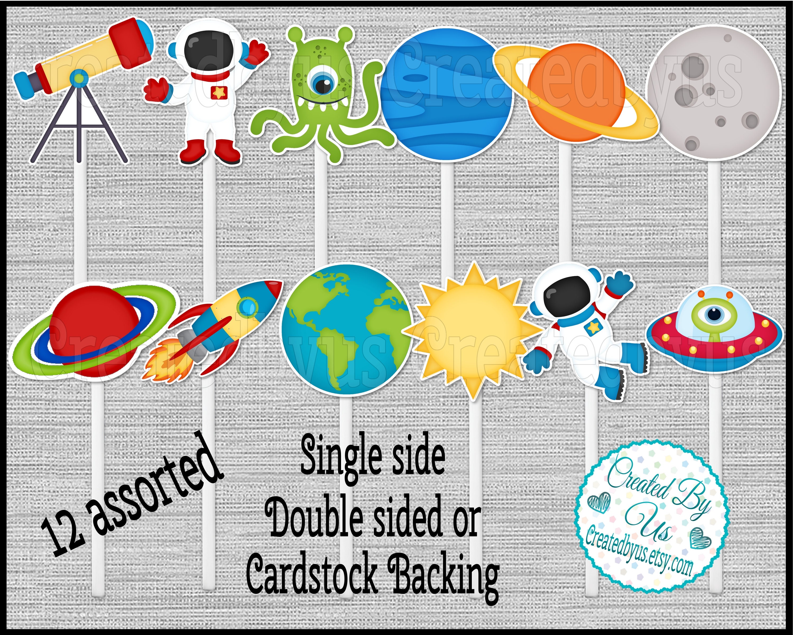 Space Cupcake Toppers Birthday Party Favors Picks Double Sided Cake Topper Astronaut Cup Tops Baby Shower 12 Assembled
