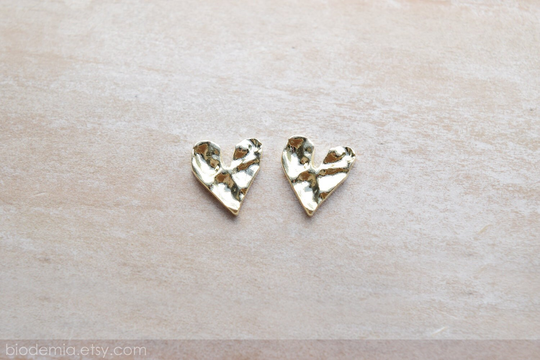 Textured Gold Tone Heart Metal Modern & Dainty Geometric Stud Or Clip On Earrings By Biodemia