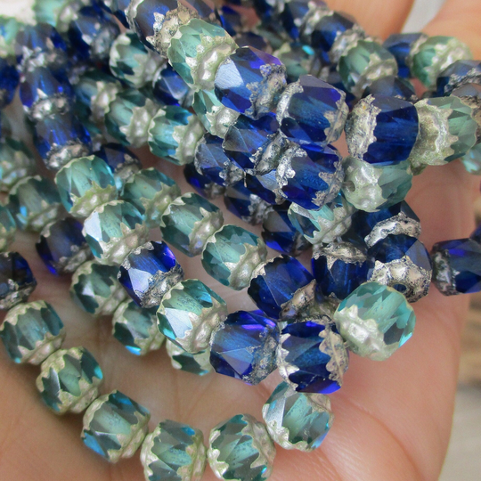 6mm Blue Blend Silver Czech Glass Beads, Cathedral Cut, Fire Polished Renaissance Style, Strand 20 Beads