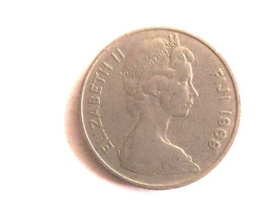 Vintage Fiji 1969 10 Cents Coin. Queen Elizabeth Ii. Diameter 23, 5 Mm. Art. 1997. Very Fine Coin.53Th Birthday, 53Th Anniversary