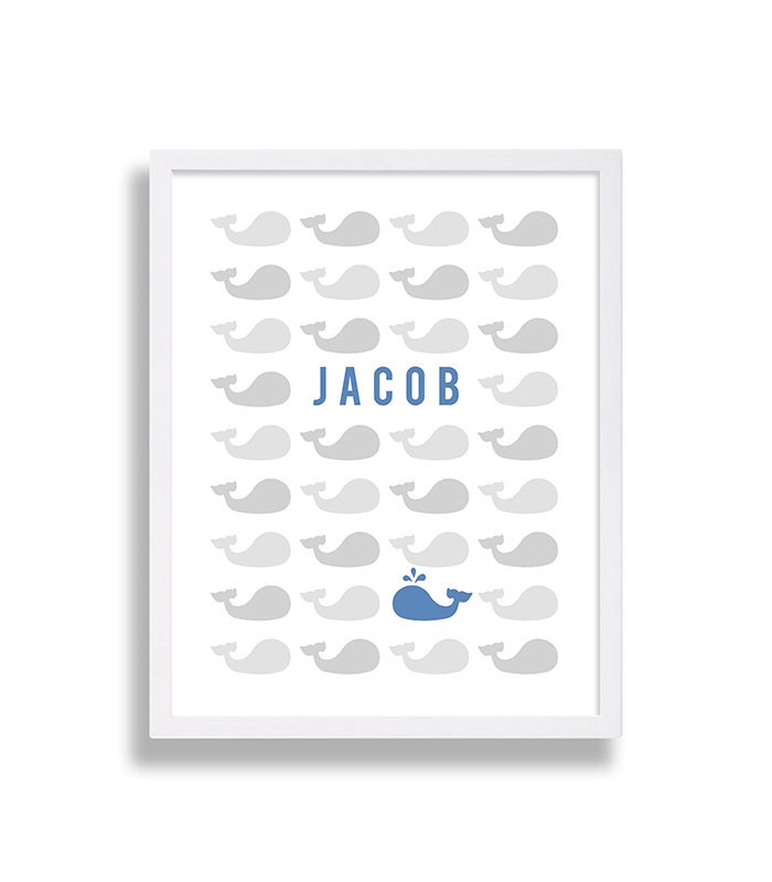 Nautical Nursery Art Whale Decor Baby Name Print Grey Blue Boy Modern