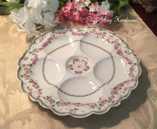 Haviland & Co France, Pink Rose Swag Garlands, Oyster Plate, Turkey Style, 5 Well With Center C 1880