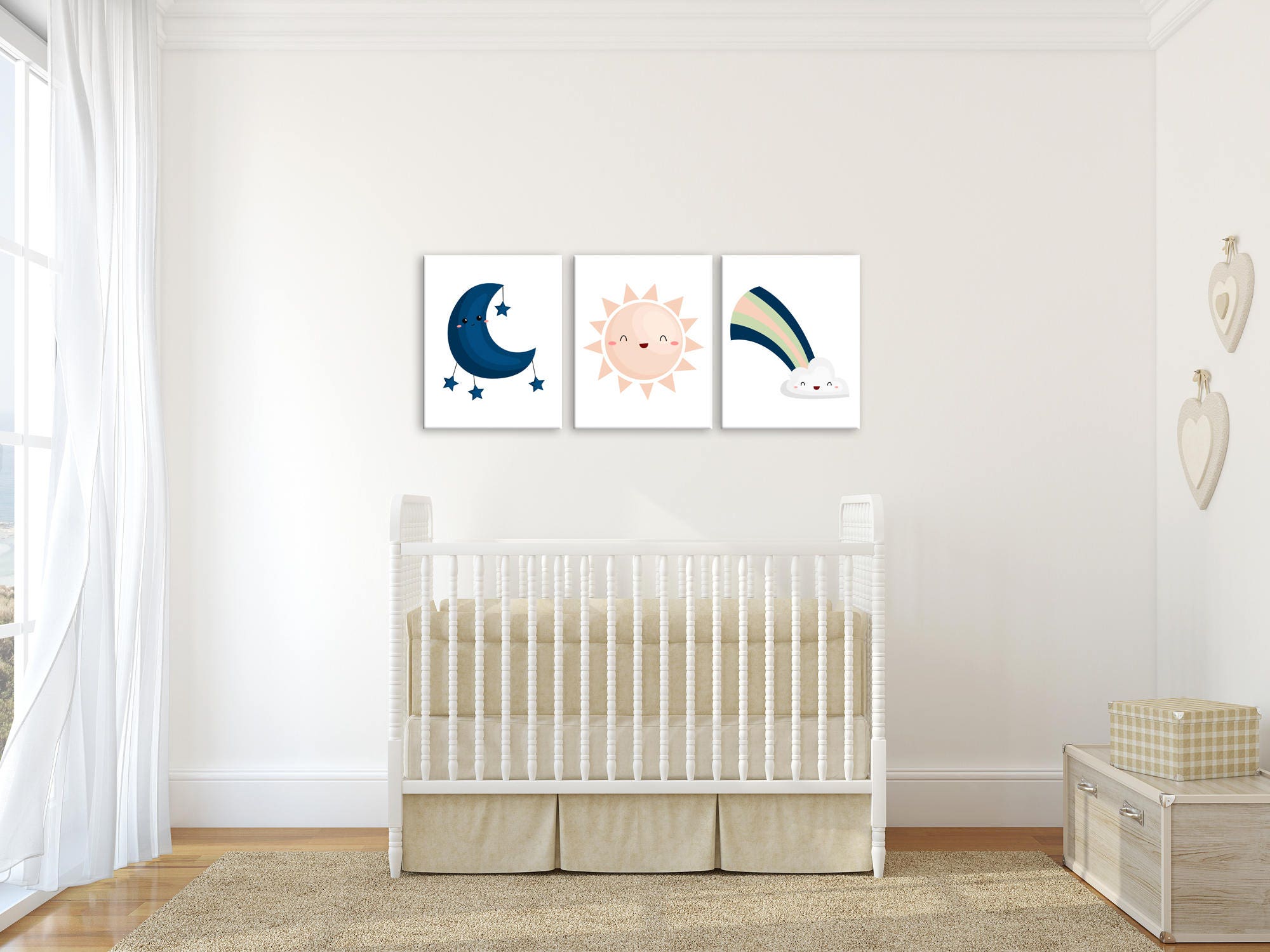 Nursery Room Decor - Happy Weather Print Kids Bedroom Art Rainbow, Sun & Cloud