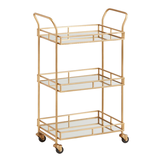 Antique Brass and Mirror 3 Tier Cole Bar Cart: Gold - Metal by World Market
