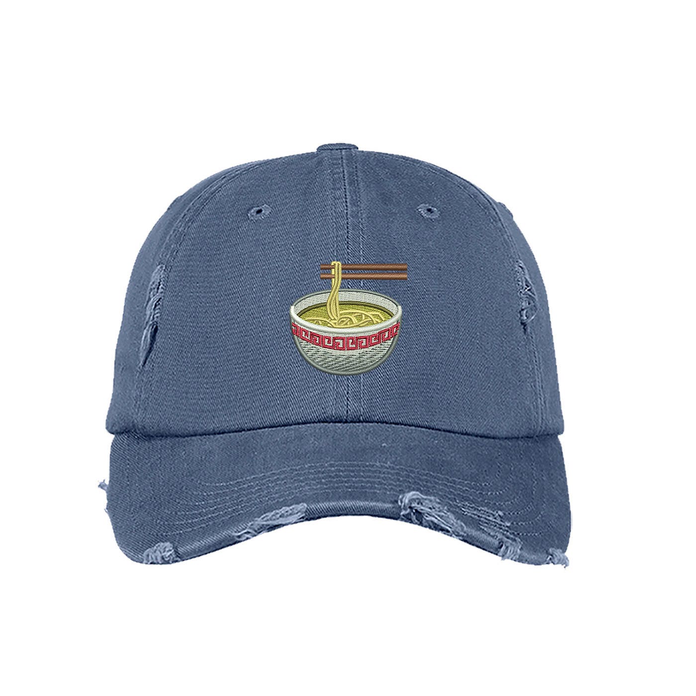Ramen Distressed Dad Hat, Embroidered Noodle Soup Low Profile Asian Cuisine Ramen Cap Hats, Many Colors Available