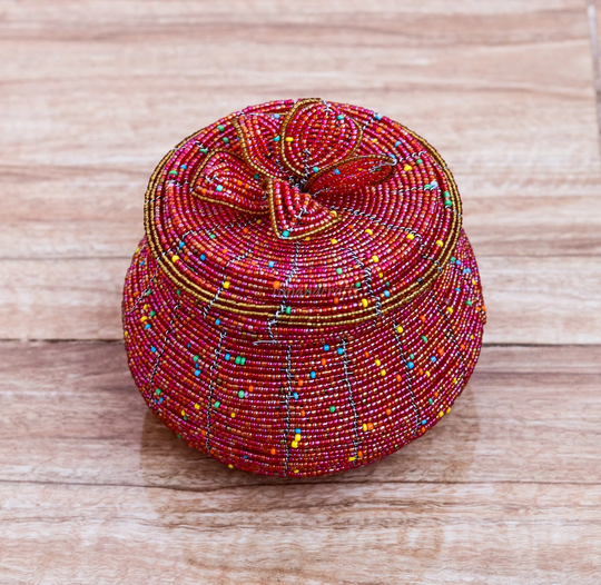 African Maasai Beaded Jewelry Box, Gift Box, Small Jewelry Red & Accessories Holder