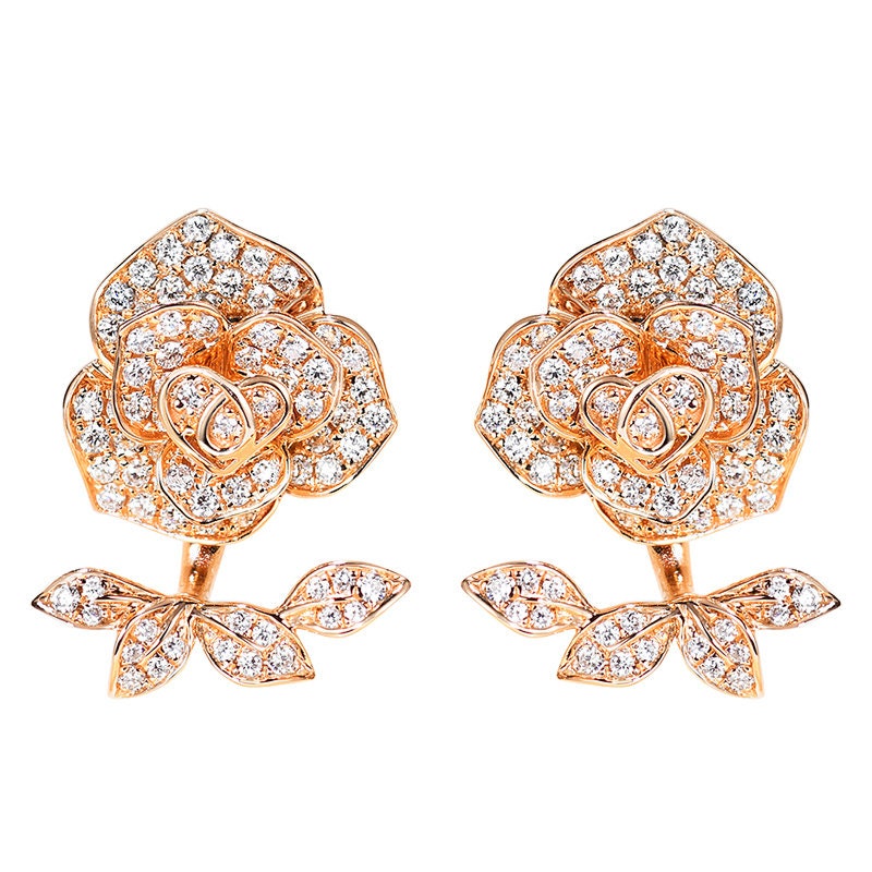 Diamond Rose Flower Ear Climbers in Solid 18K Gold/Two-Ways Jacket Earrings/Custom Jewelry/Personalization Design/Gift For Women & Girls