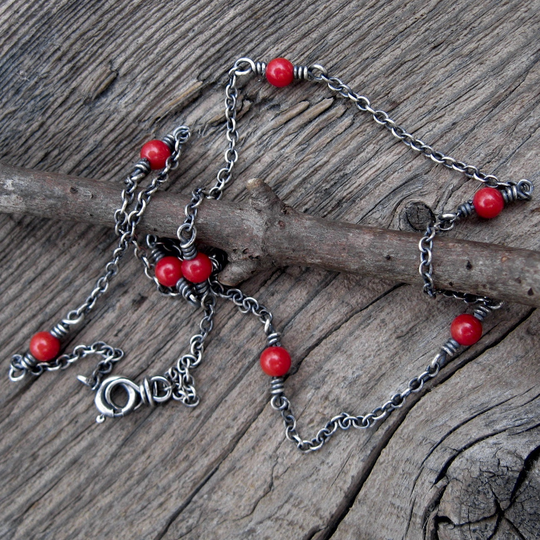 Red Coral Necklace/sterling Silver Red Beaded Layer Gift For Her Boho Tiny Cable Chain
