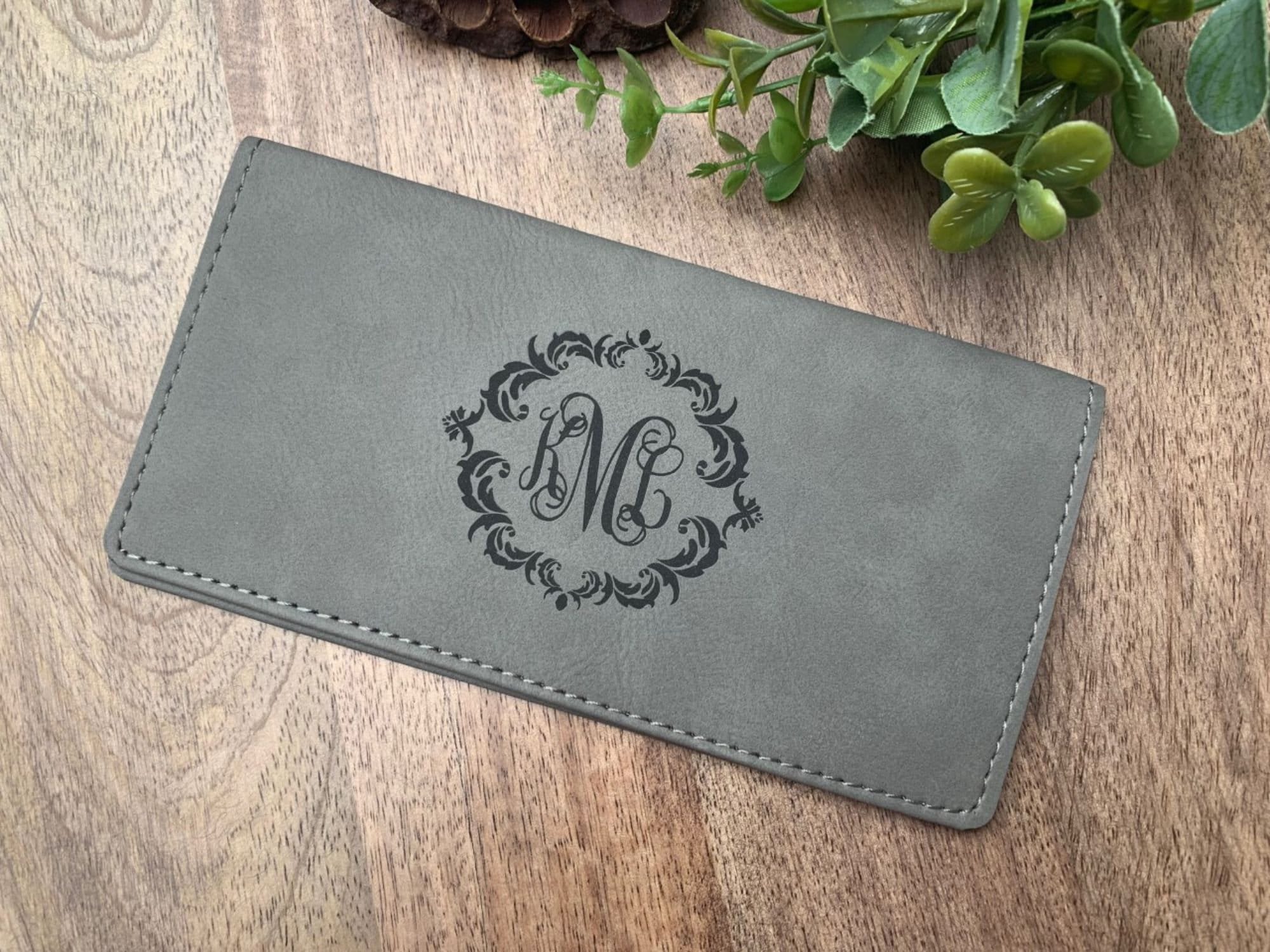 Personalized Monogram Checkbook Cover Vegan Leather Damask Frame Engraved Holder Wallet Bank Book