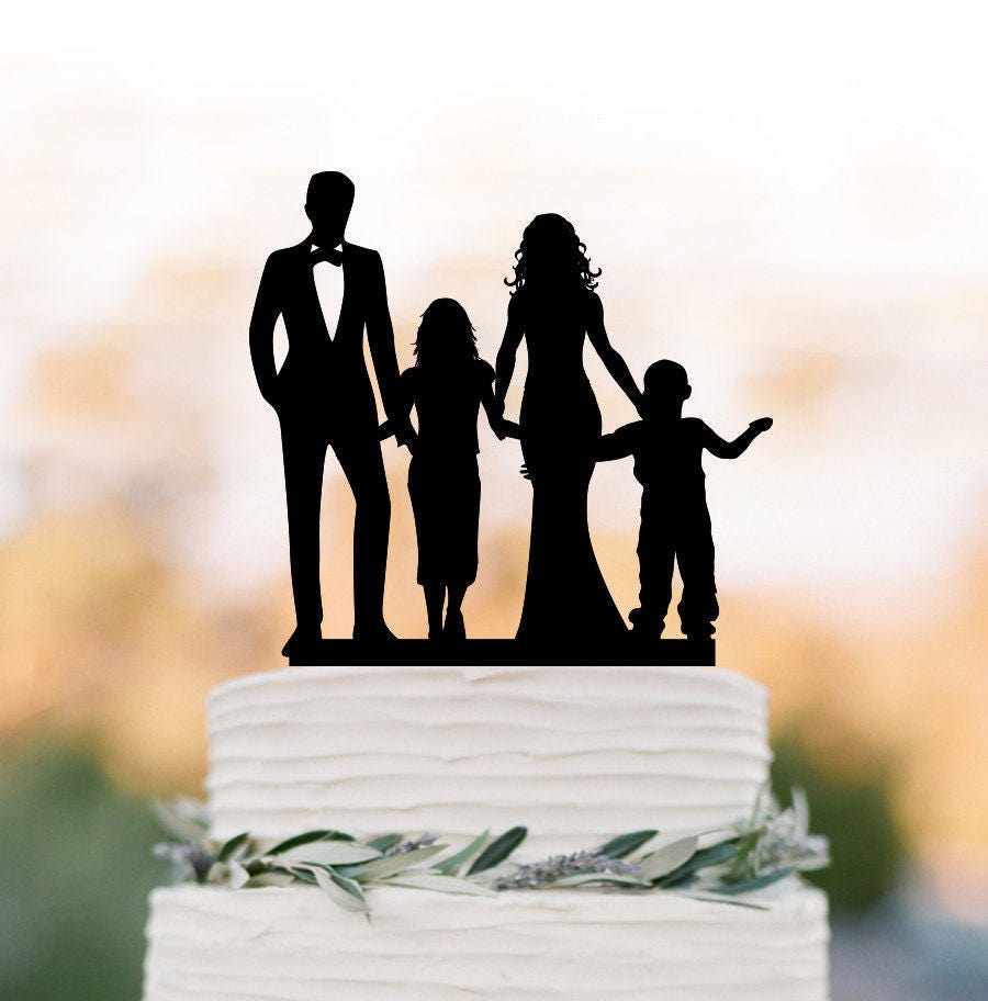 Family Wedding Cake Topper With Child, Bride & Groom Silhouette Boy Girls Cake Topper, Funny