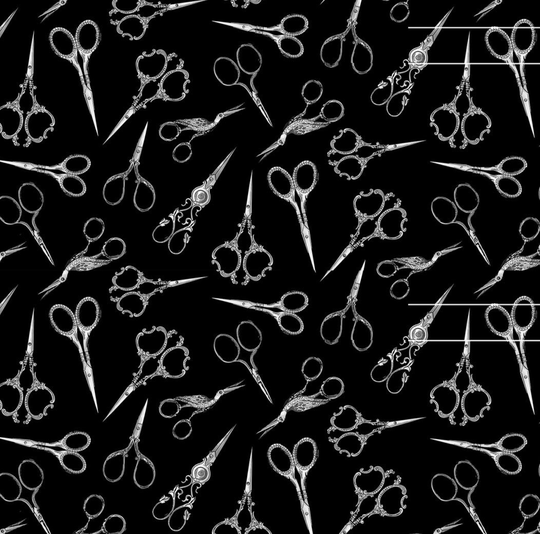Timeless Treasures Black Tossed Fancy Sewing Scissors 100% Quilt Shop Cotton Fabric By The Yard