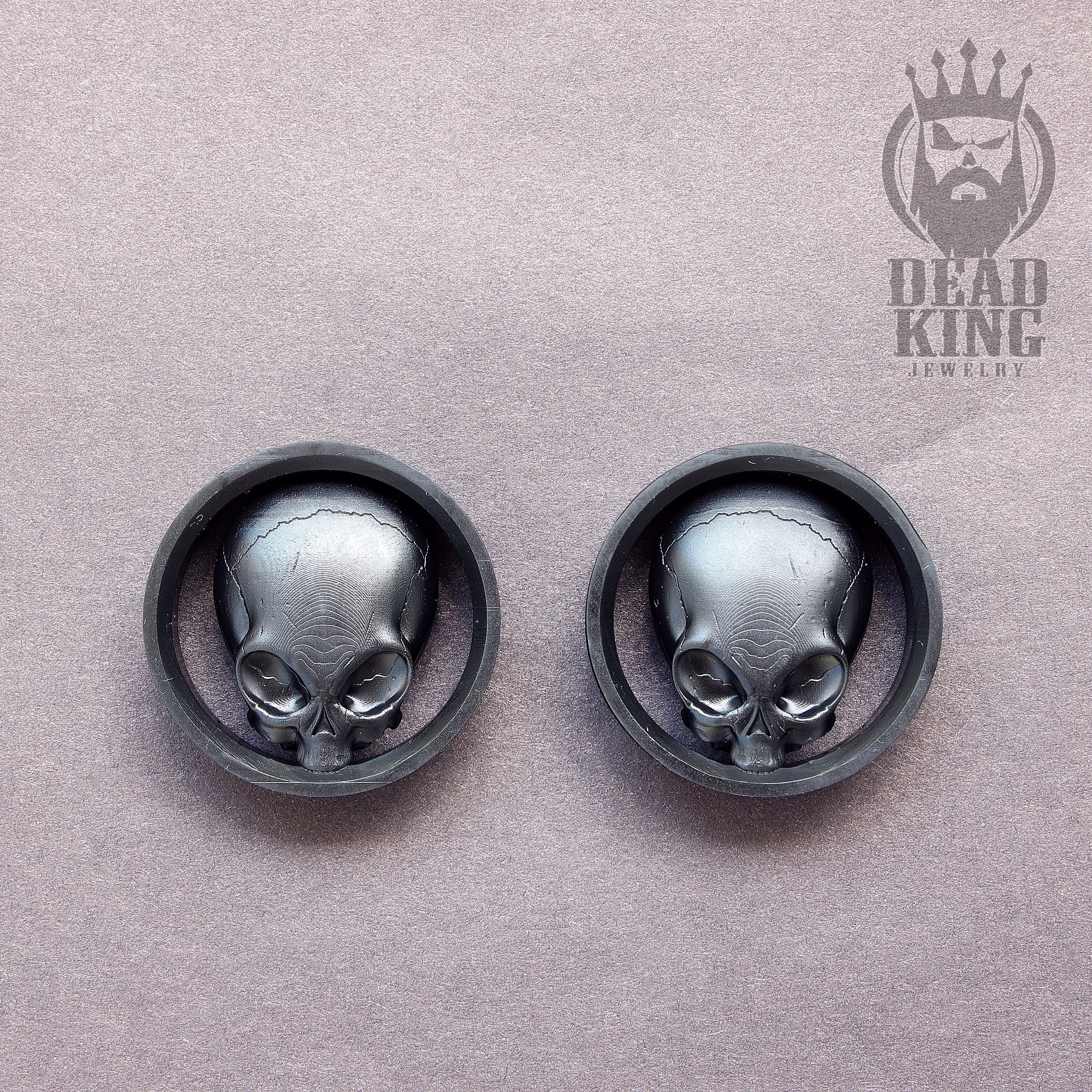 A Pair Of Grey Seer Skull Black Earplug. Unique Ear Tunnels. Lightweight Plugs. Round Double Flare Plugs